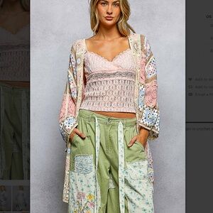 POL Boho Granny Square Crochet Open-Front Cardigan in Apricot and Blue